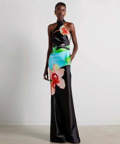 Floral Satin Halter Dress - Multicolor Black