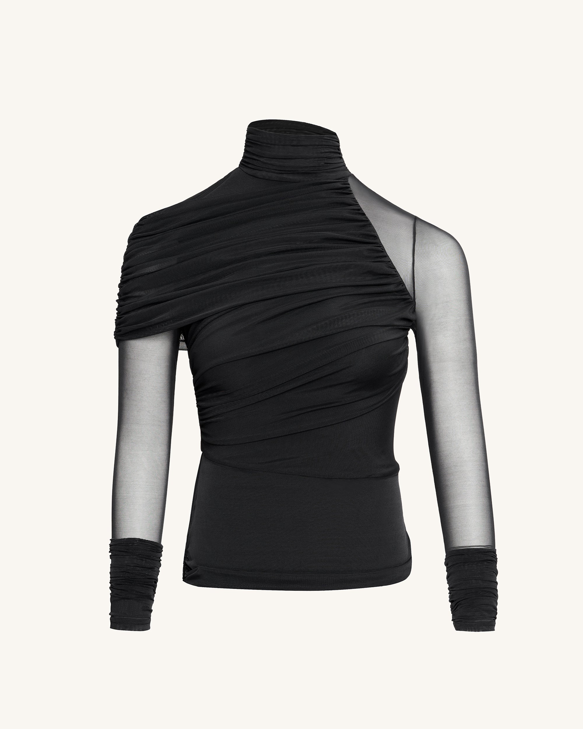 Ella Sheer Ruched Turtleneck Top - Black - Image 3