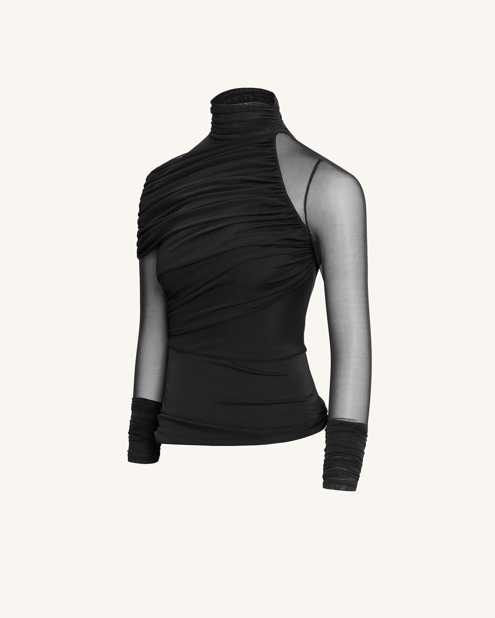 Ella Sheer Ruched Turtleneck Top - Black - Image 4