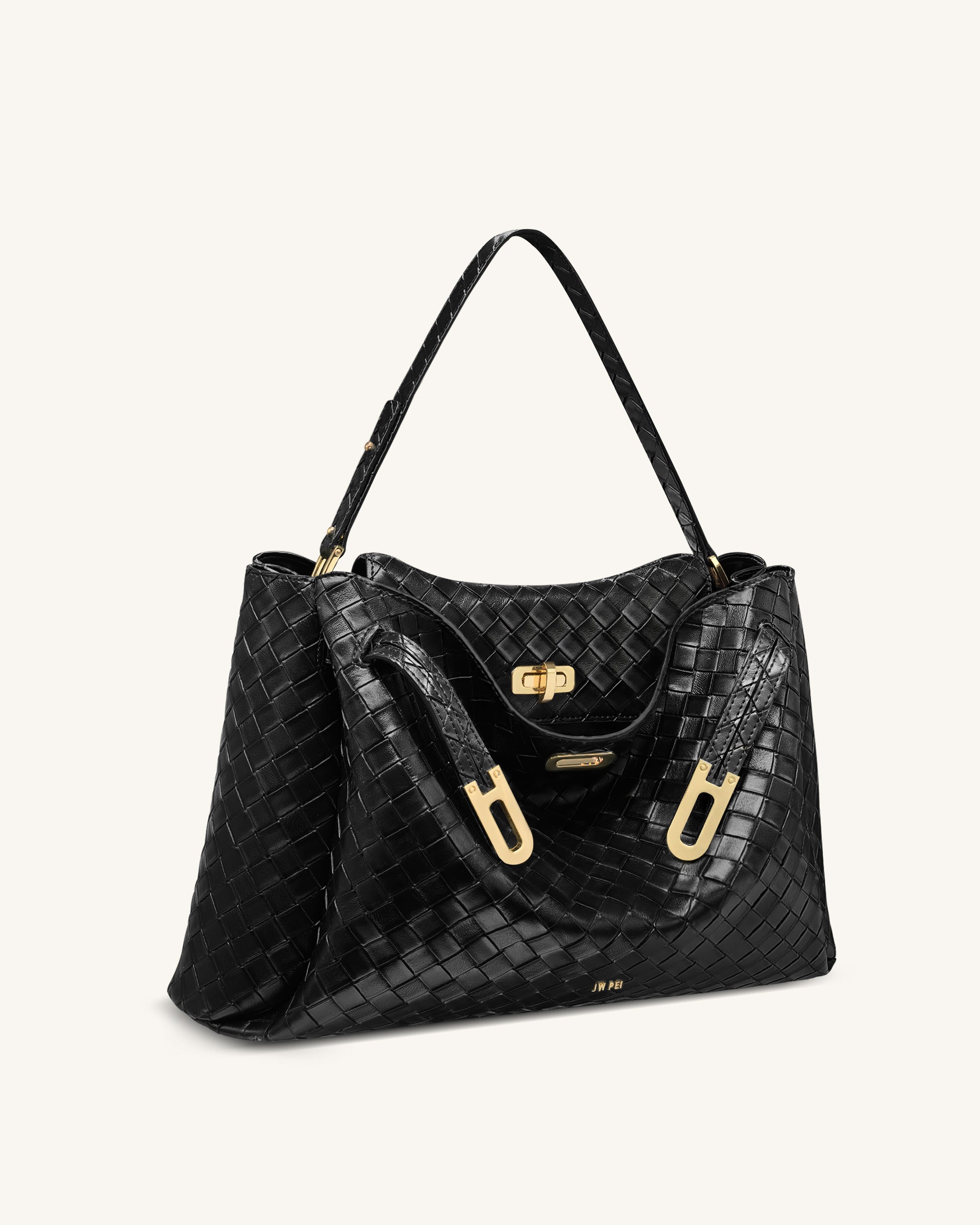 Rhea Large Woven Textured Shoulder Bag - Black - Image 3