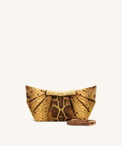 Leia Snake-Embossed Pleated Clutch - Camel