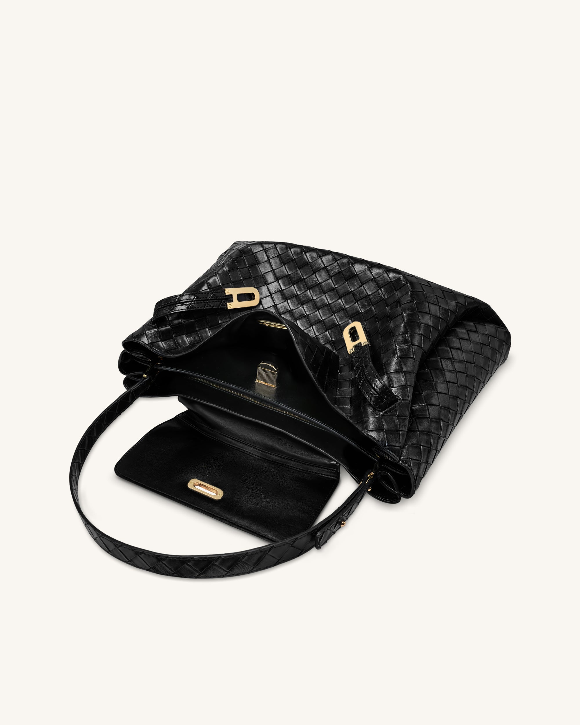 Rhea Large Woven Textured Shoulder Bag - Black - Image 5