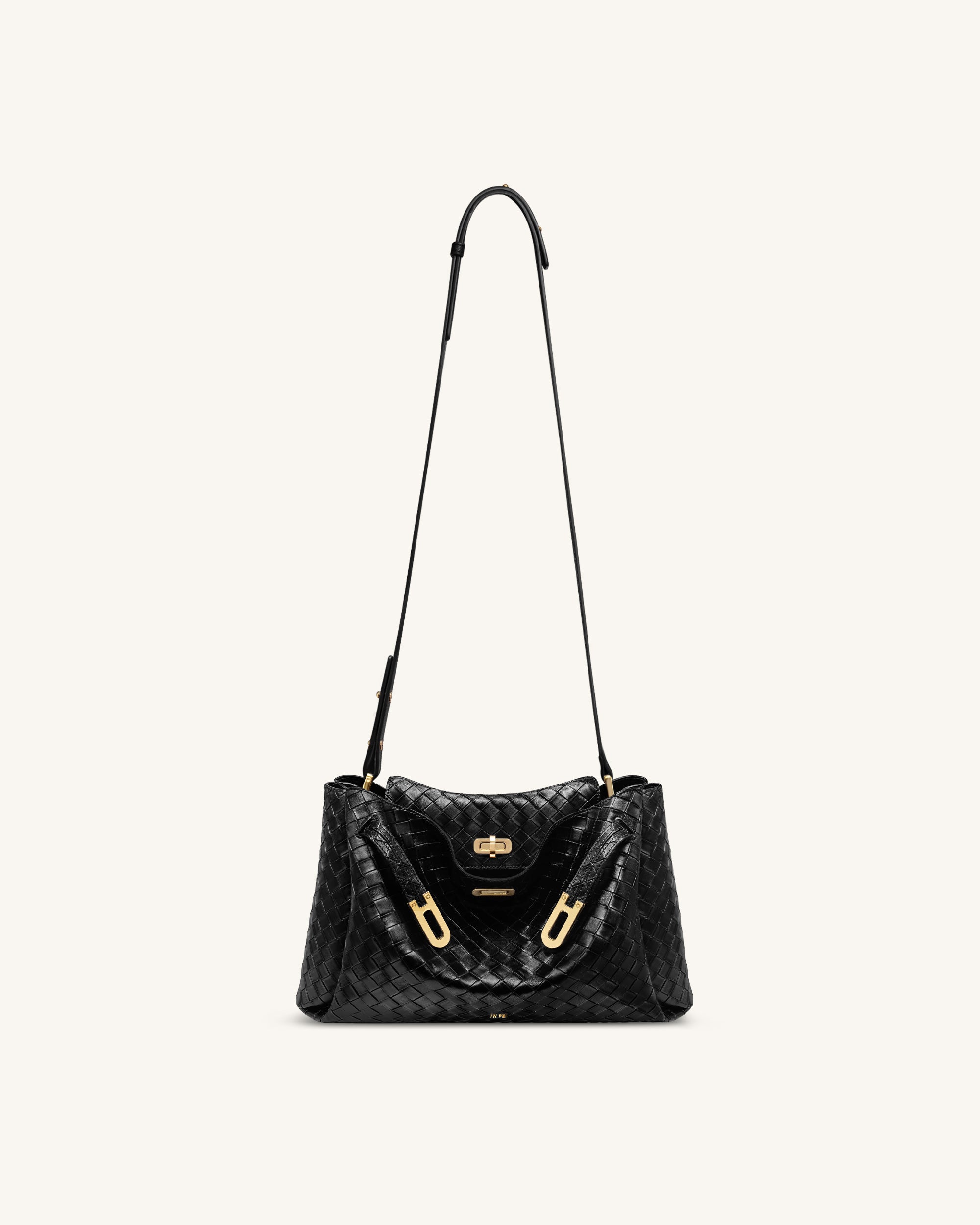 Rhea Large Woven Textured Shoulder Bag - Black - Image 2