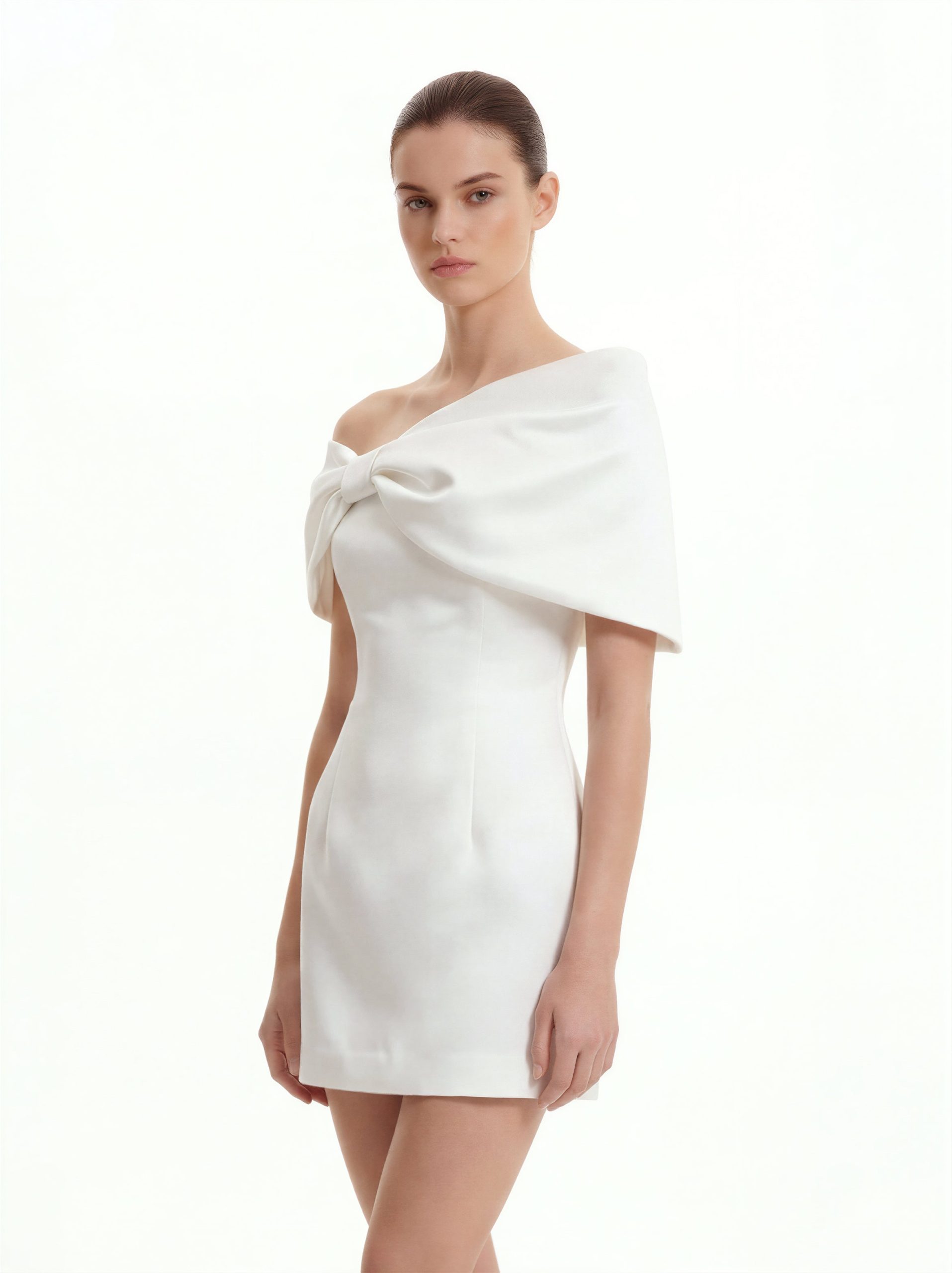 Satin Asymmetric Bow Mini Dress - White - Image 2