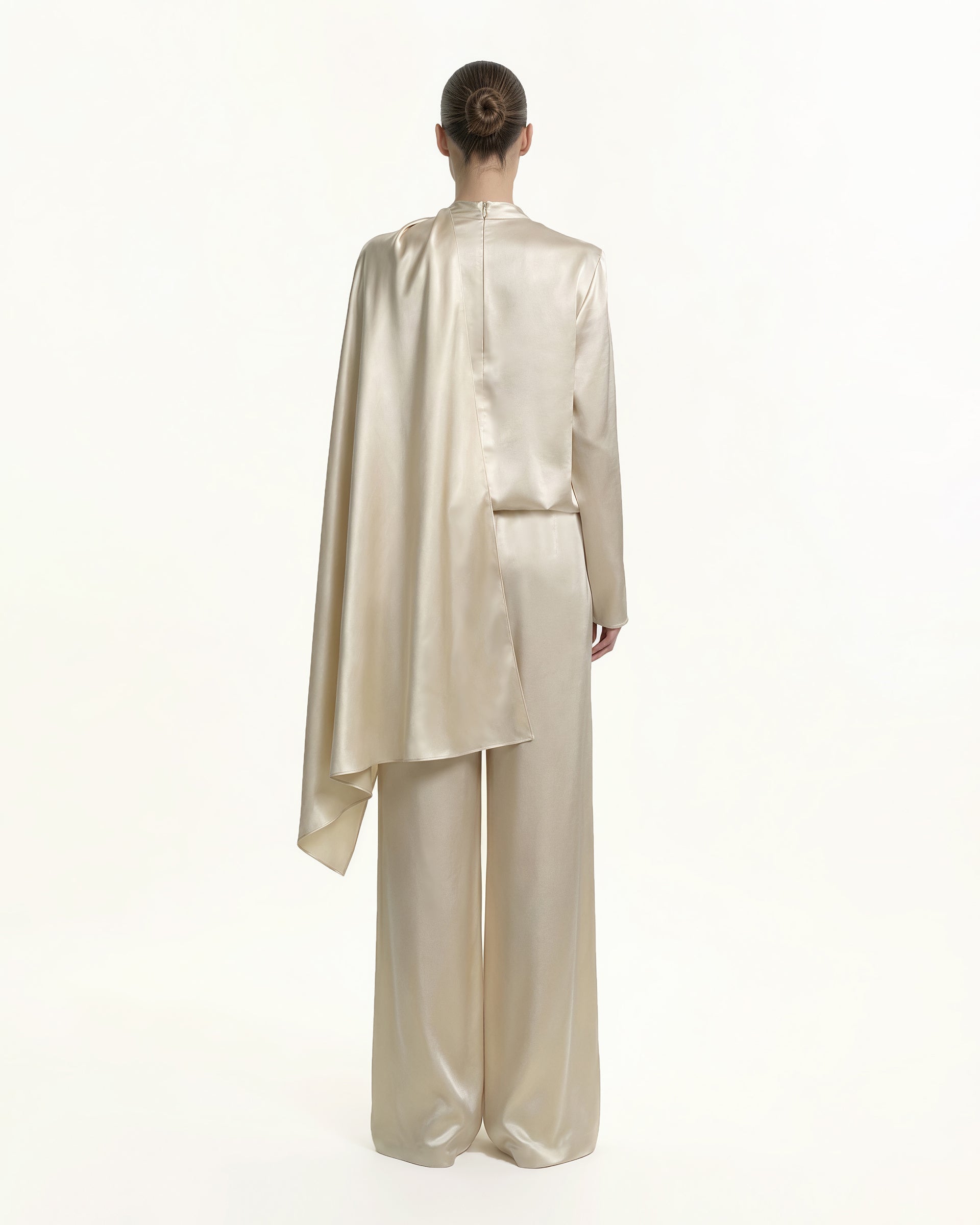 Asymmetric Drape High-Neck Cape Top - Cream - Image 2