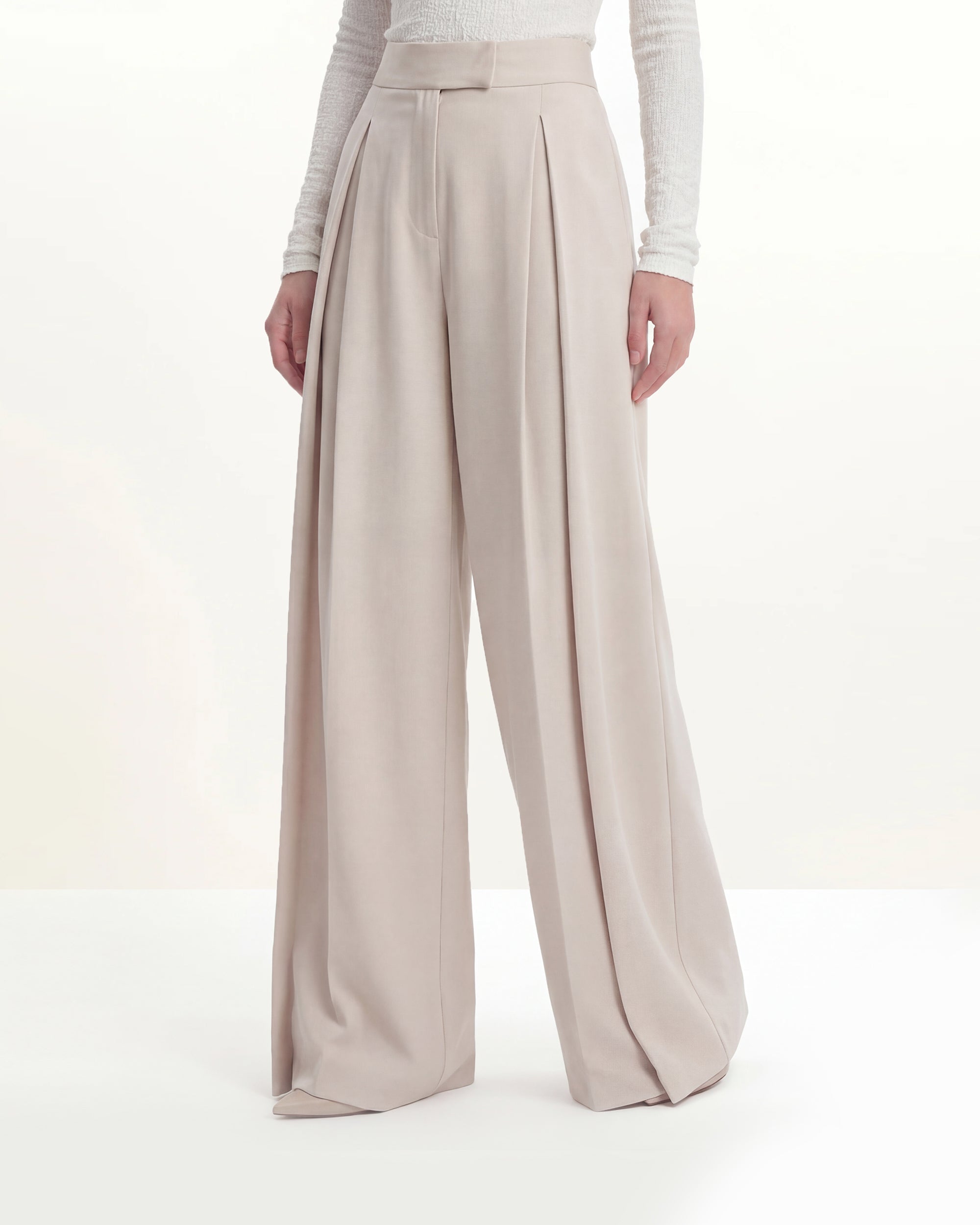 Pleated Wide-Leg Trousers - Beige - Image 2