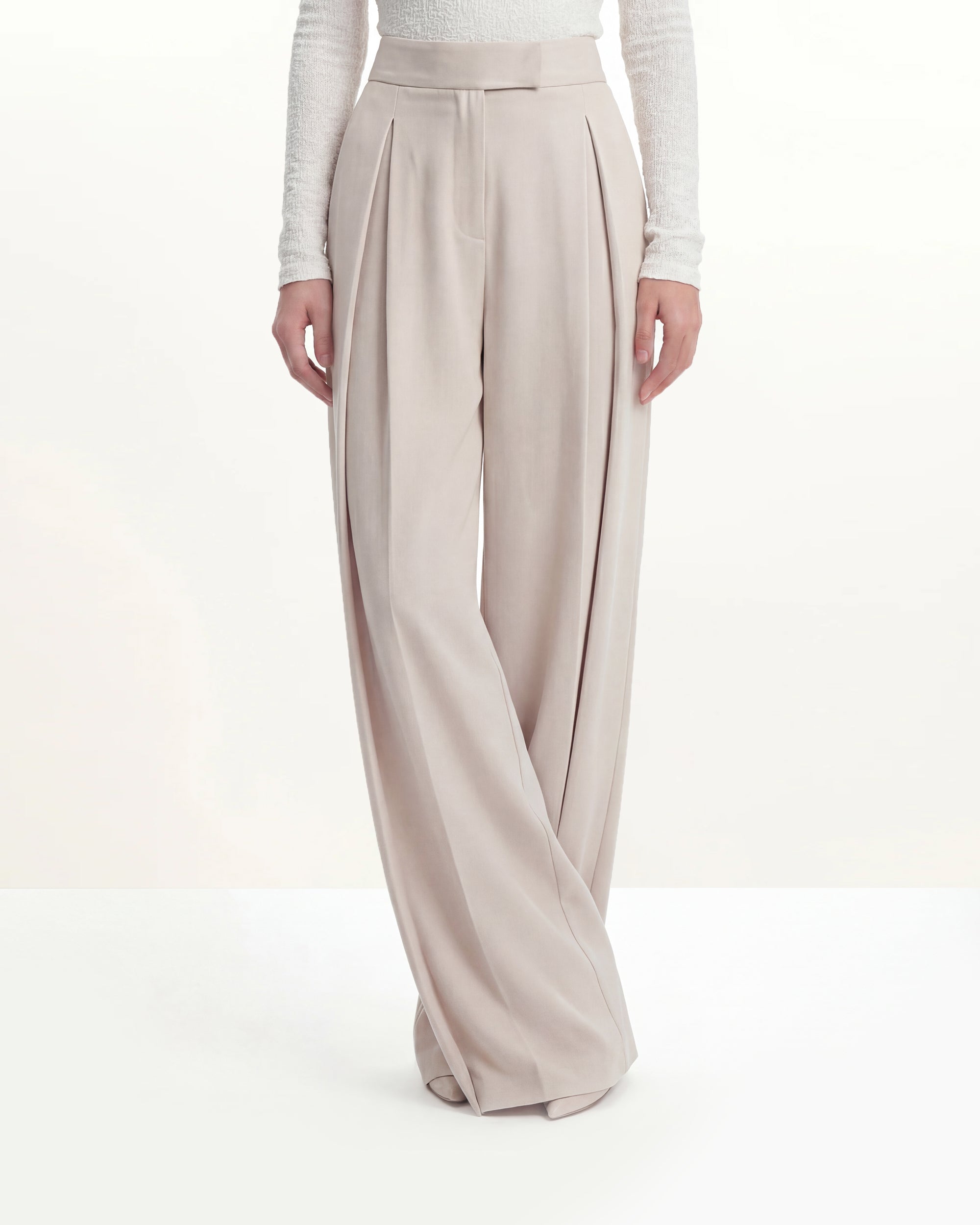 Pleated Wide-Leg Trousers - Beige - Image 4