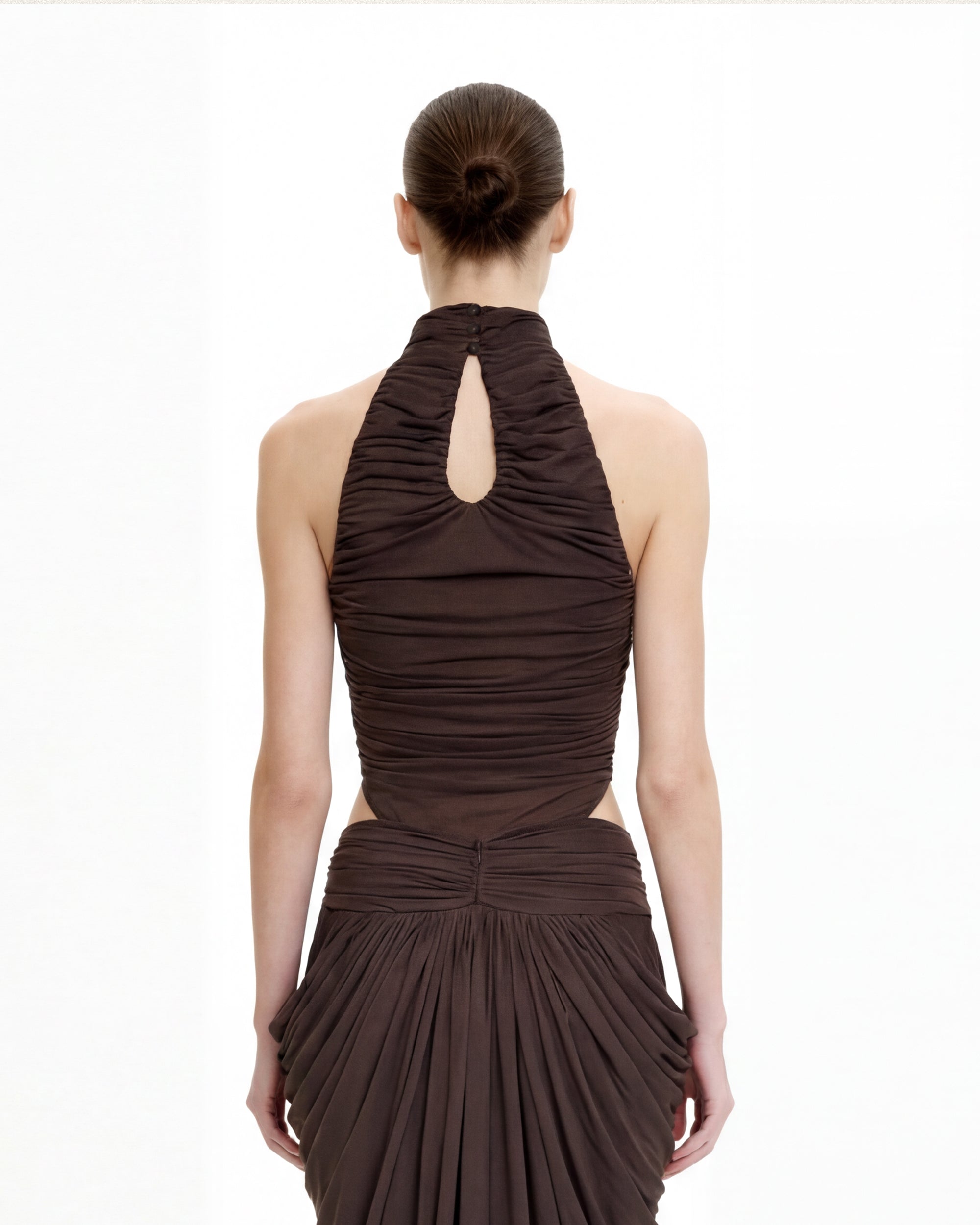 Ruched Twist-Front Halter Bodysuit - Brown - Image 4
