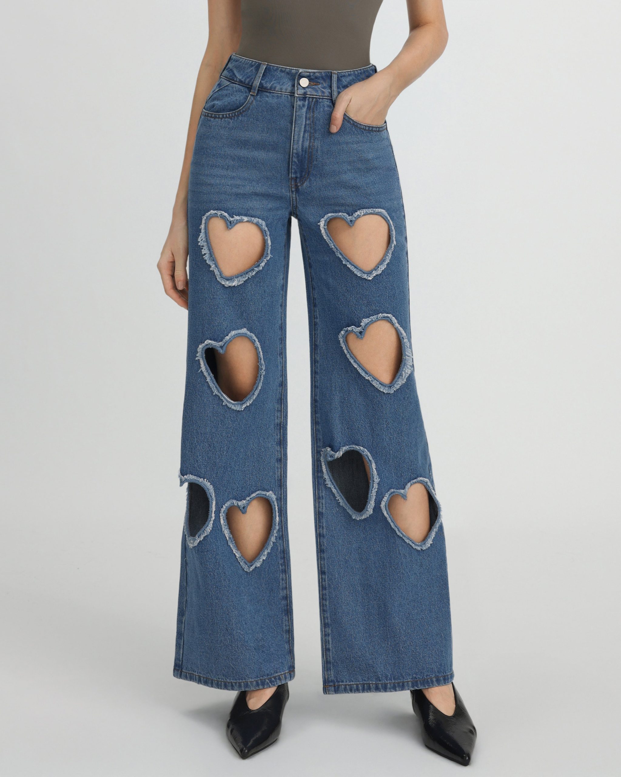 Sophia Embellished Heart Cut-Out Denim Jeans - Medium Blue - Image 2