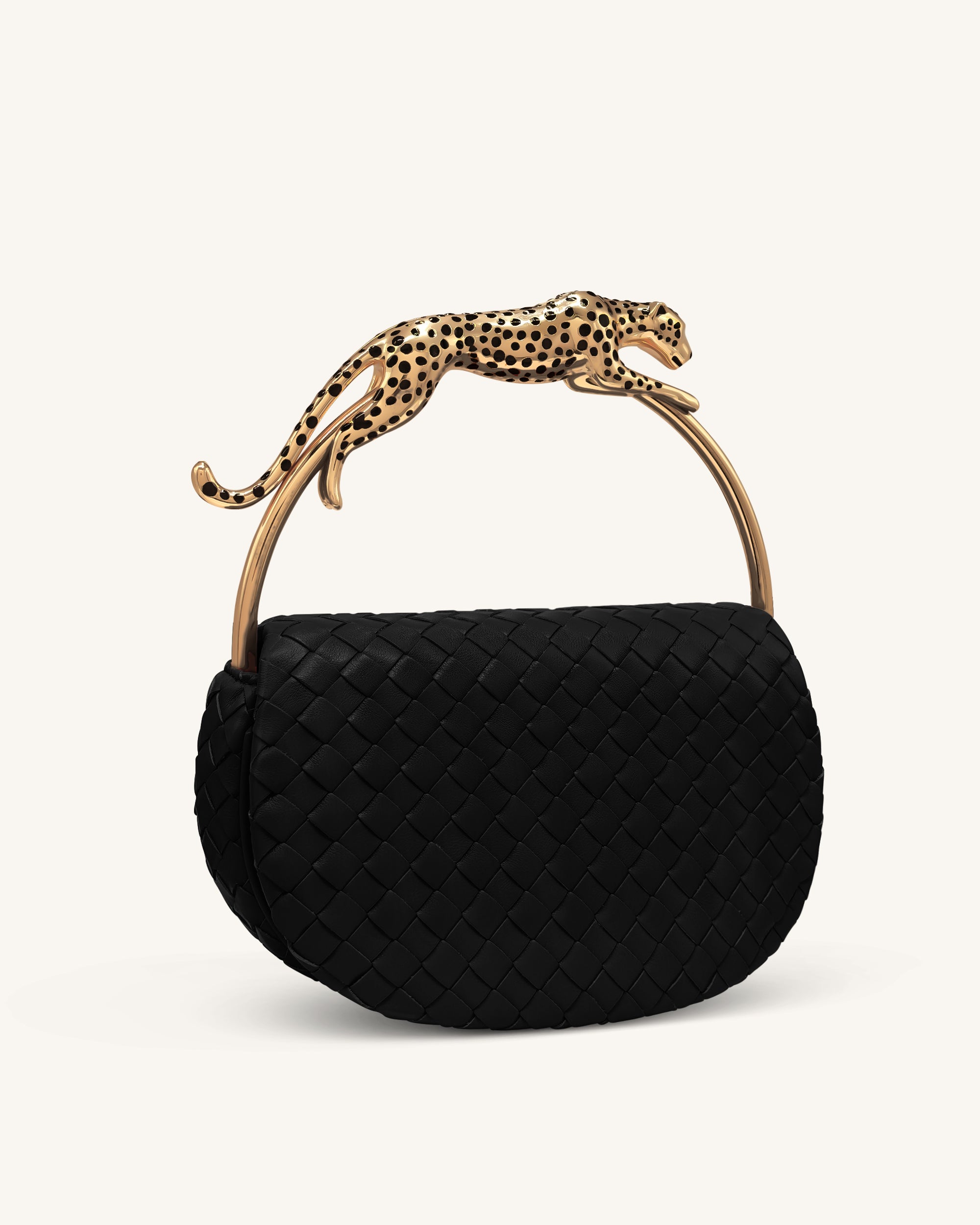 Ione Leopard Shaped Hardware Handle Woven Top Handle Bag - Black - Image 2
