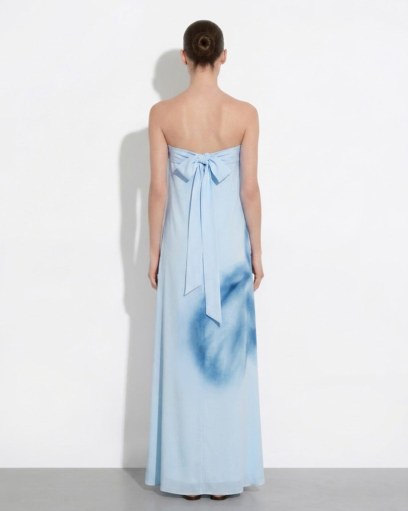 Watercolor Floral Print Strapless Maxi Dress - Blue - Image 2