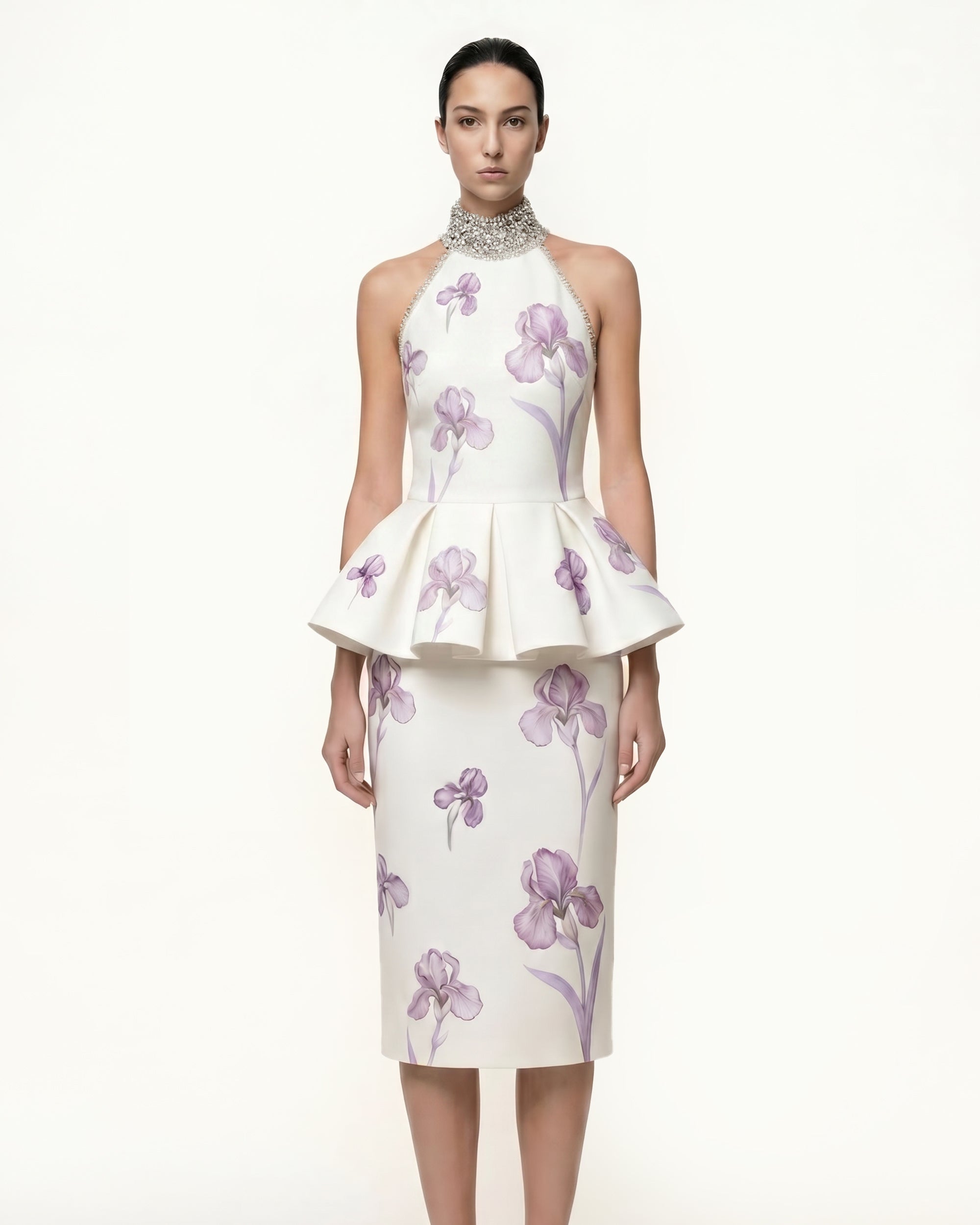 Iris Print High-Waisted Pencil Midi Skirt - White/Purple