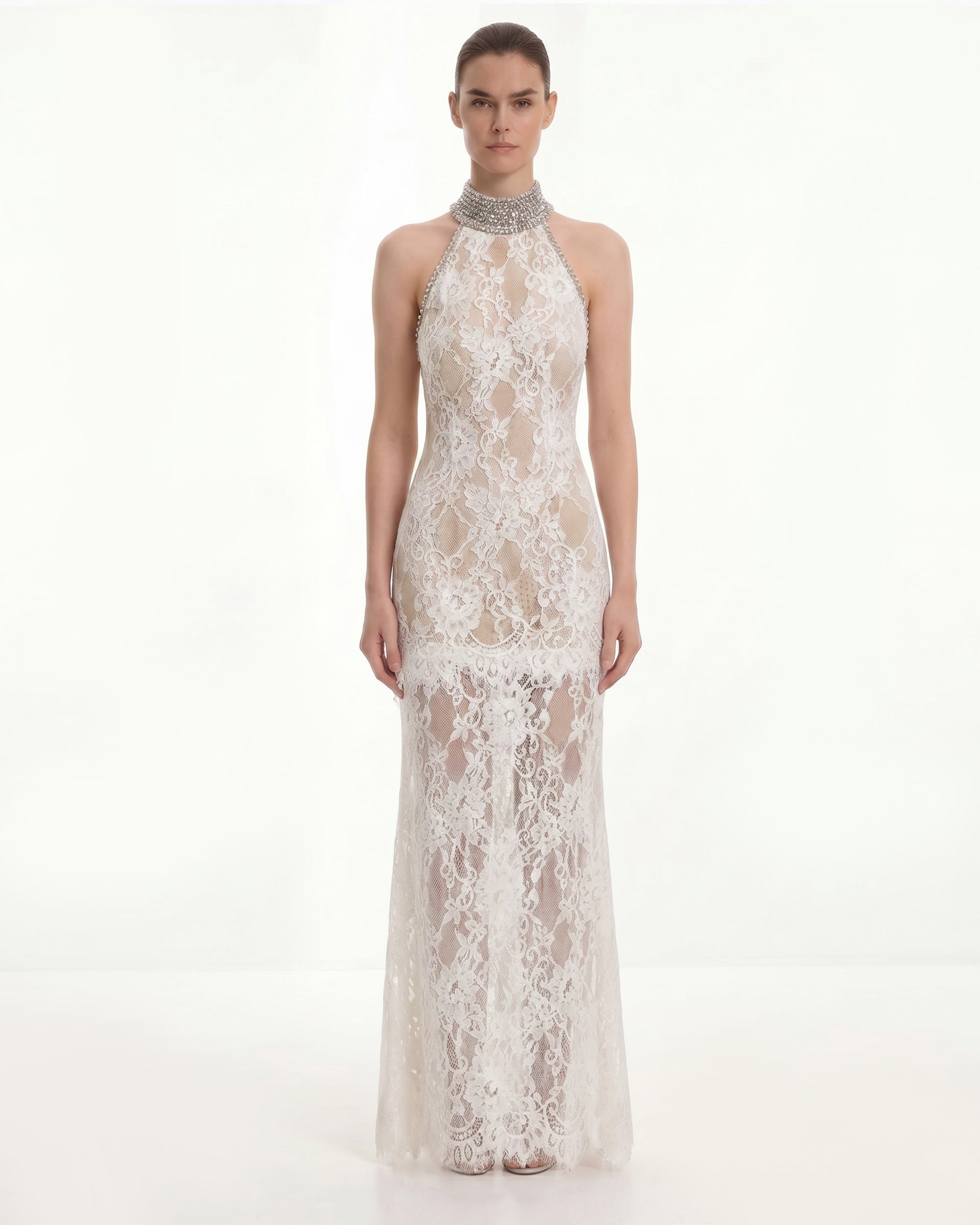 Jeweled Lace Halter Dress - White