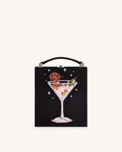 Taya Wine Glass Puppy Pattern Book Shape Clutch Bag - Black