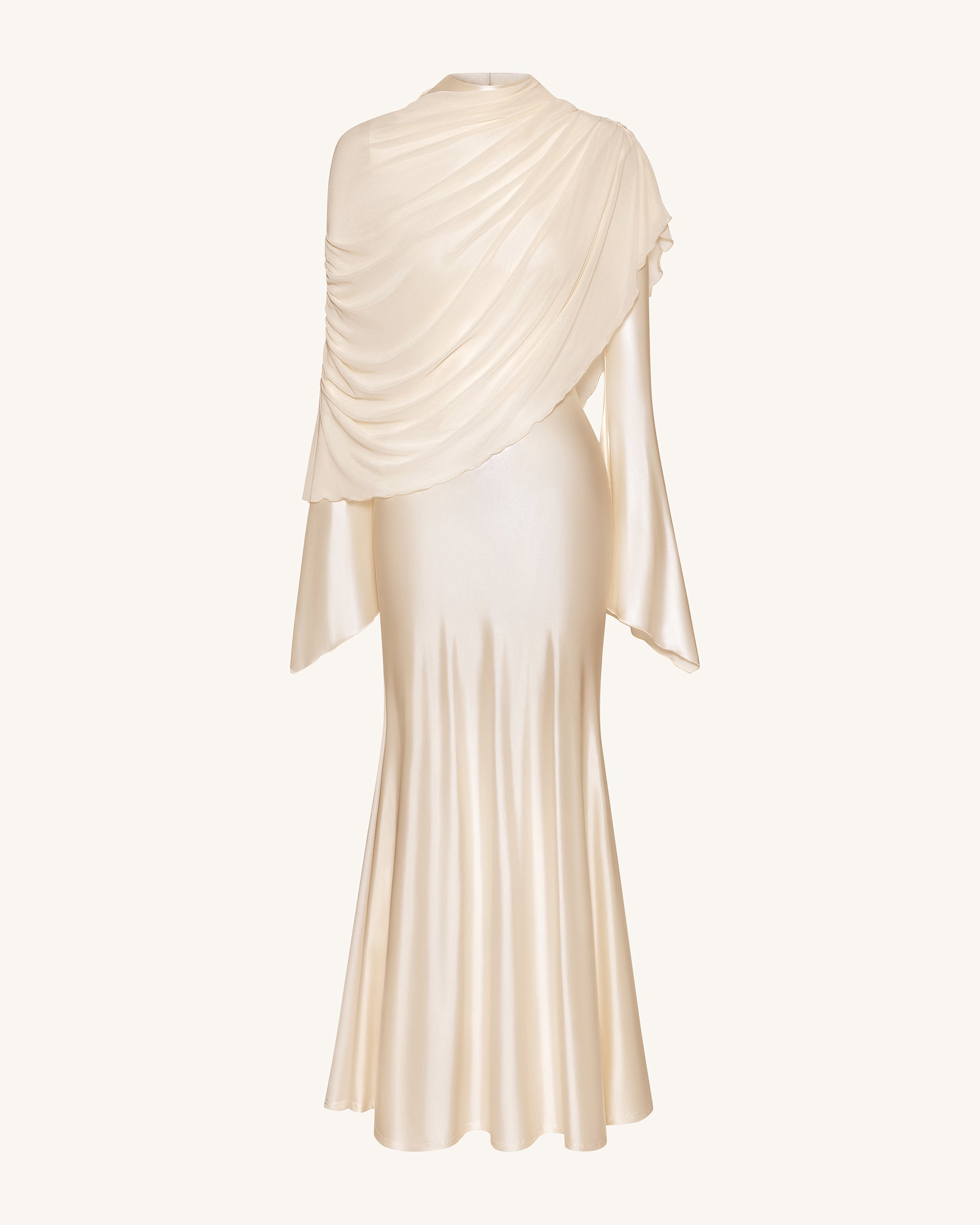 Sheer Shawl Ruched Bodycon Maxi Gown - Cream - Image 3