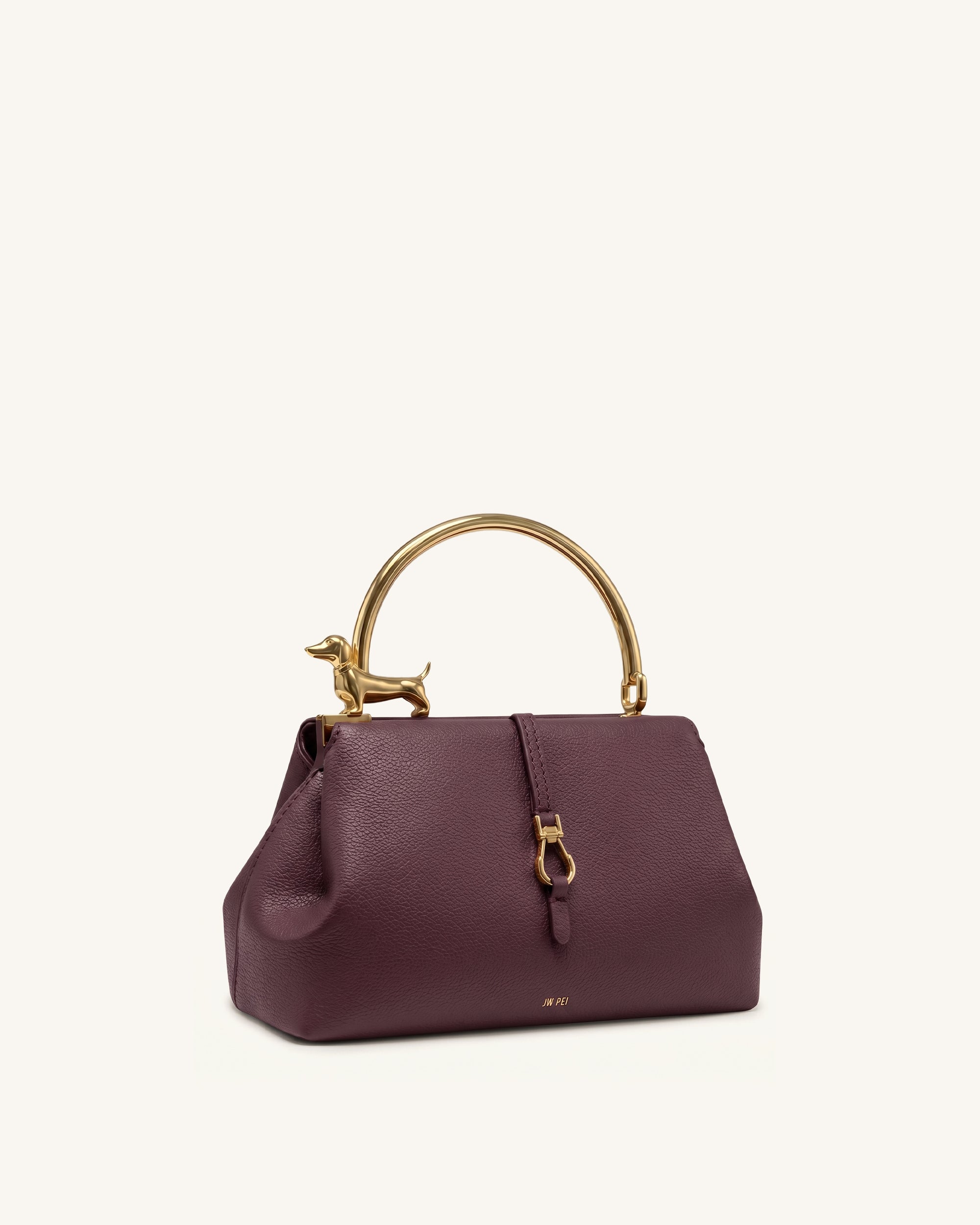 Bruna Dachshund Metal Handle Top Handle Bag - Burgundy - Image 2