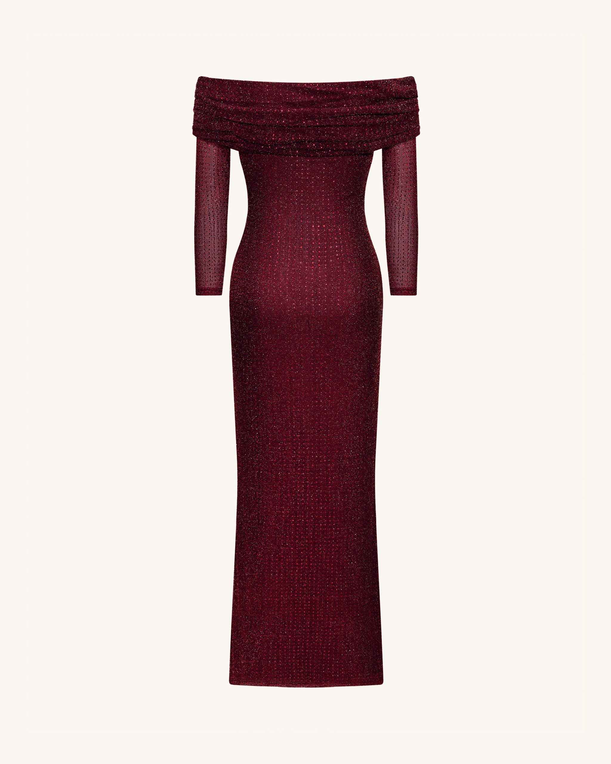Rhinestone Mesh Off-Shoulder Maxi Dress - Claret - Image 4