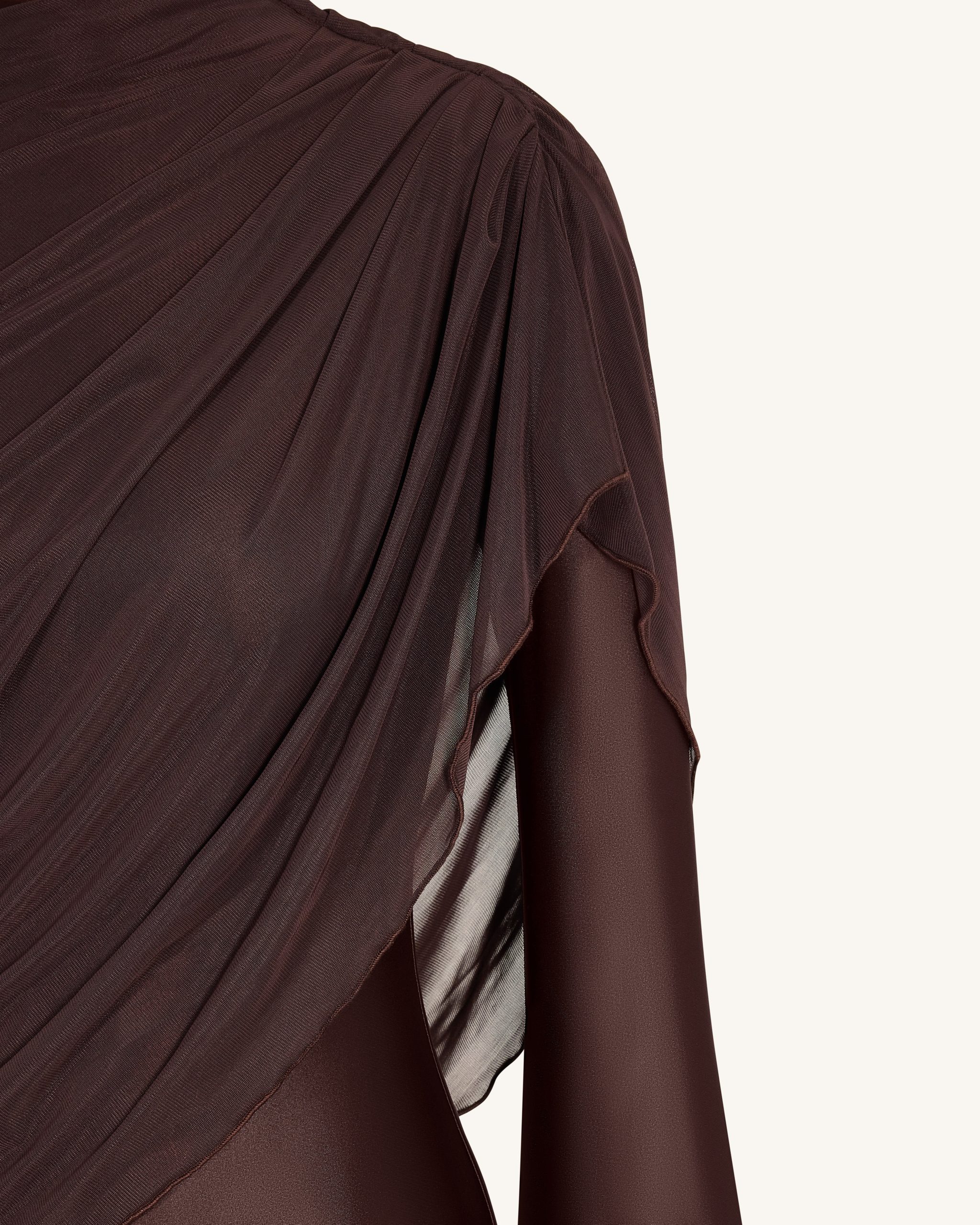 Sheer Shawl Ruched Bodycon Maxi Gown - Brown - Image 5