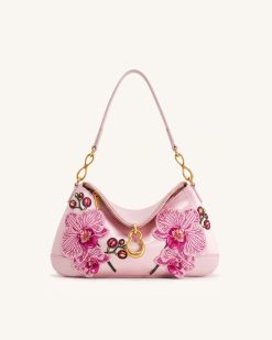 Jayla Metal Pendant Embellished Orchid Embroidered Shoulder Bag - Pink