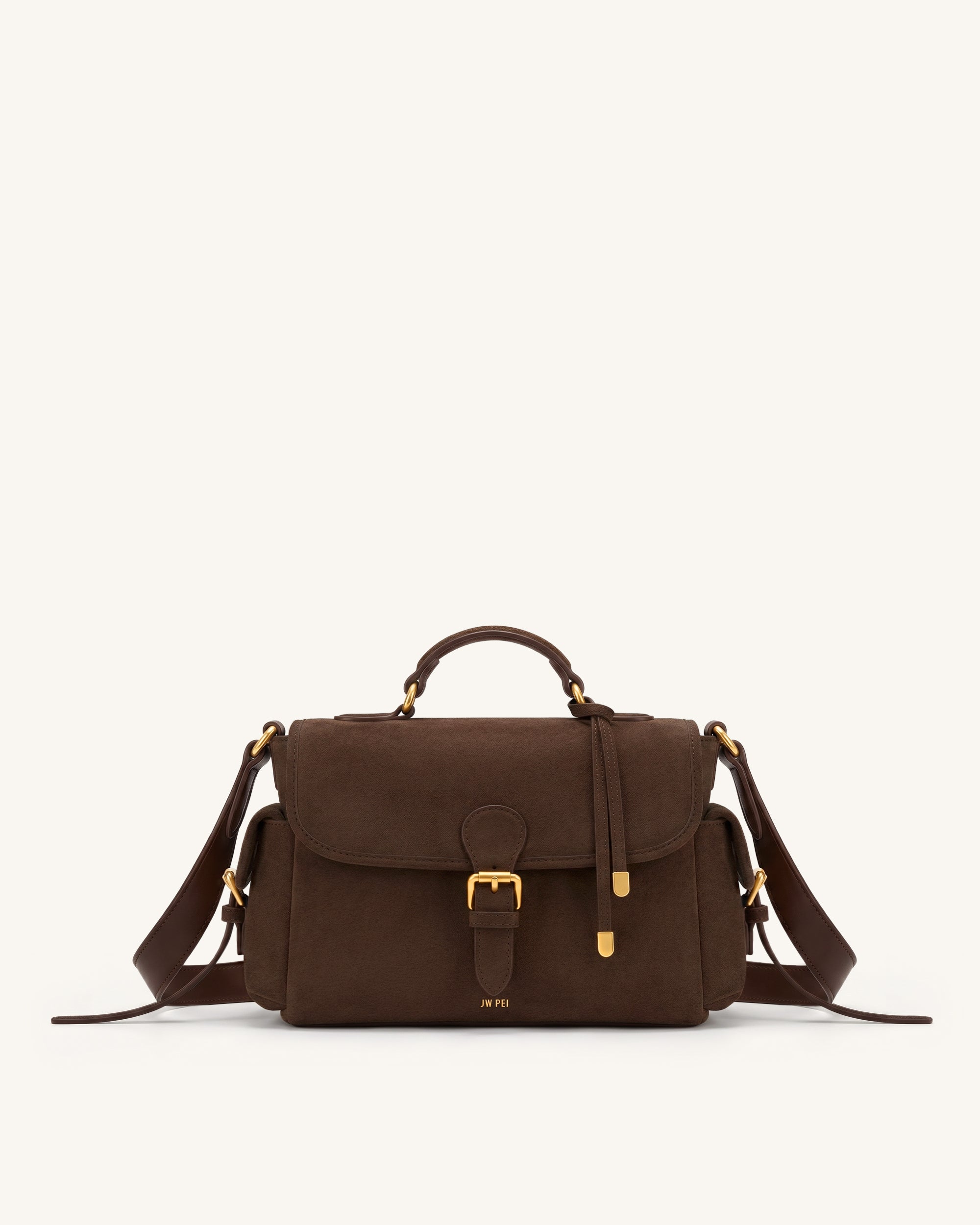 Marina Faux Suede Flap Multi-Pocket Top Handle Crossbody Bag - Dark Brown