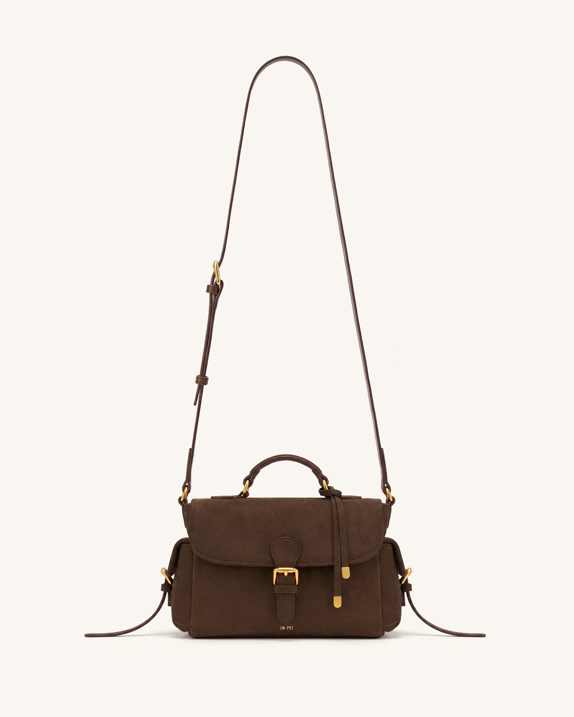 Marina Faux Suede Flap Multi-Pocket Top Handle Crossbody Bag - Dark Brown - Image 2