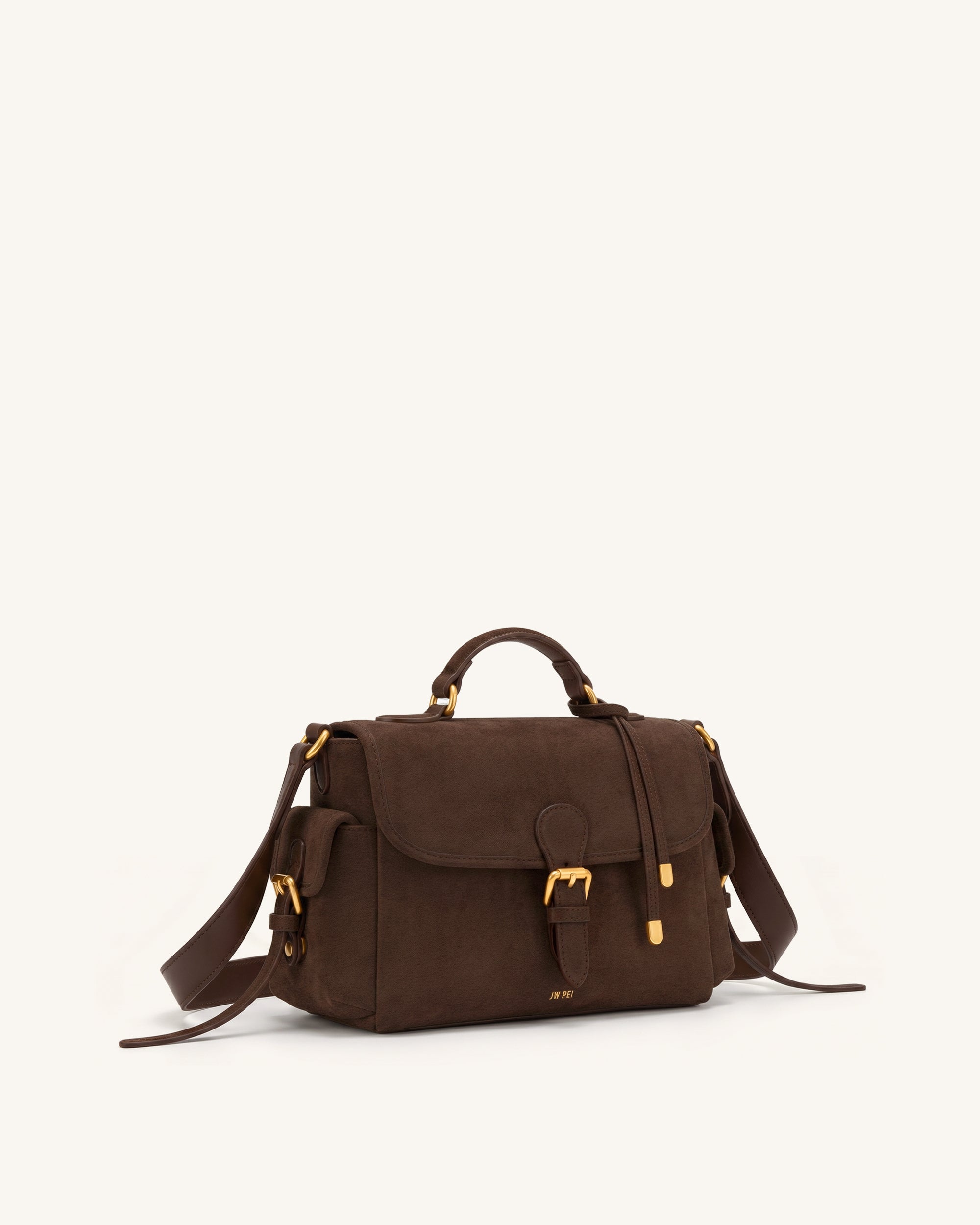 Marina Faux Suede Flap Multi-Pocket Top Handle Crossbody Bag - Dark Brown - Image 3