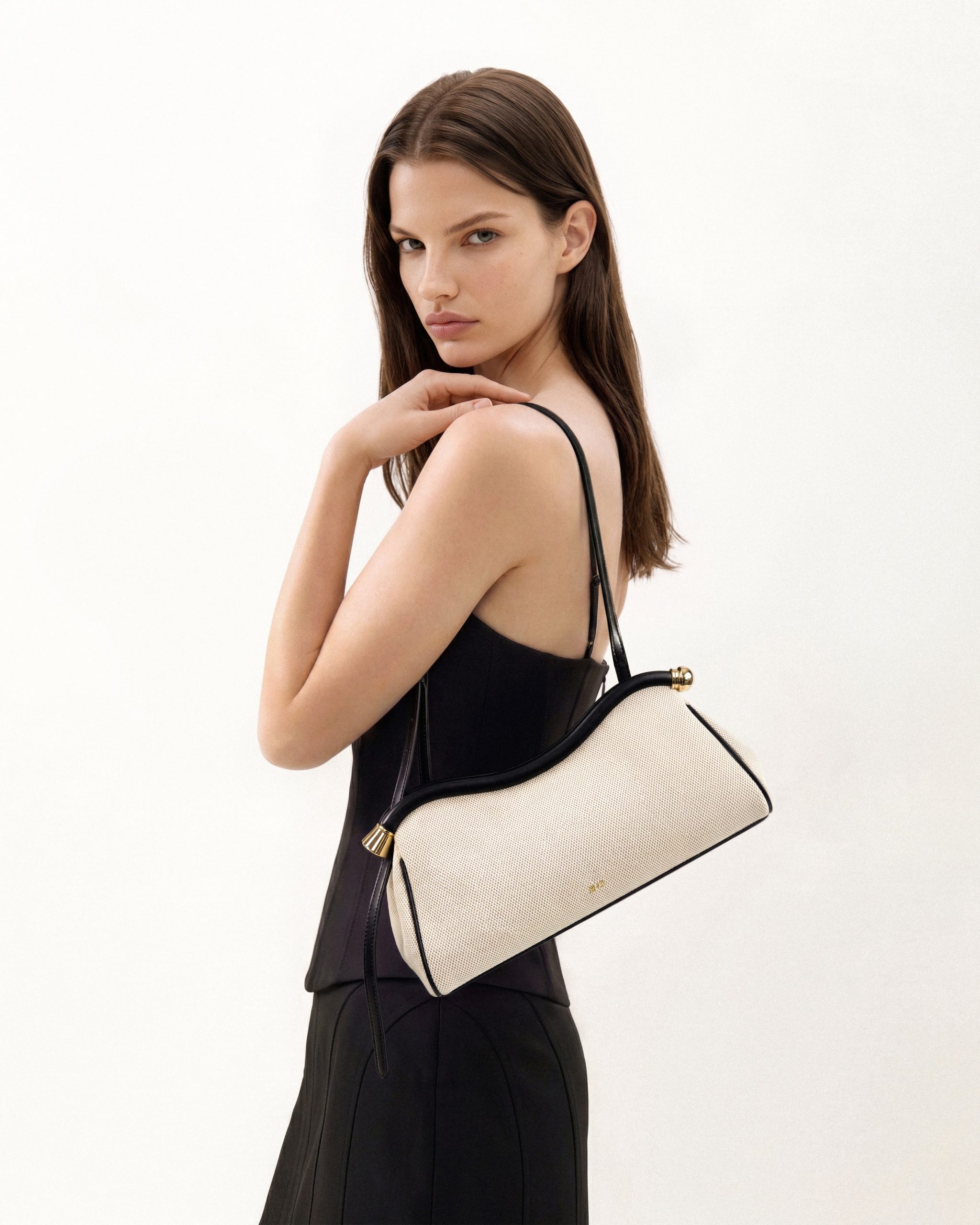 Naomi Curved Shoulder Bag - Black Canvas - Image 2