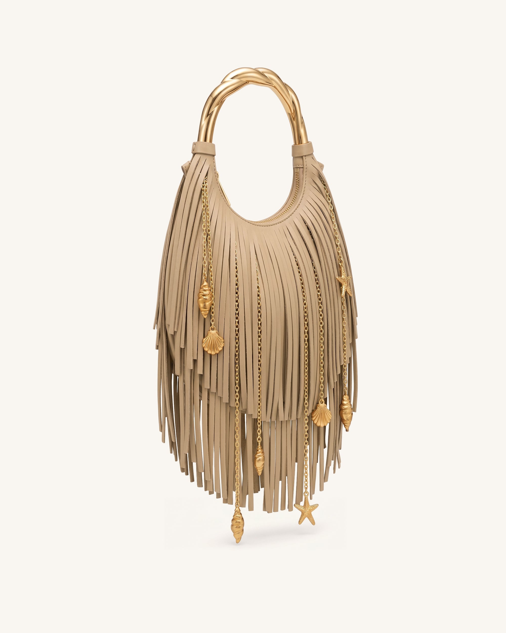 Chloe Metal Handle Fringe Top Handbag - Khaki - Image 2