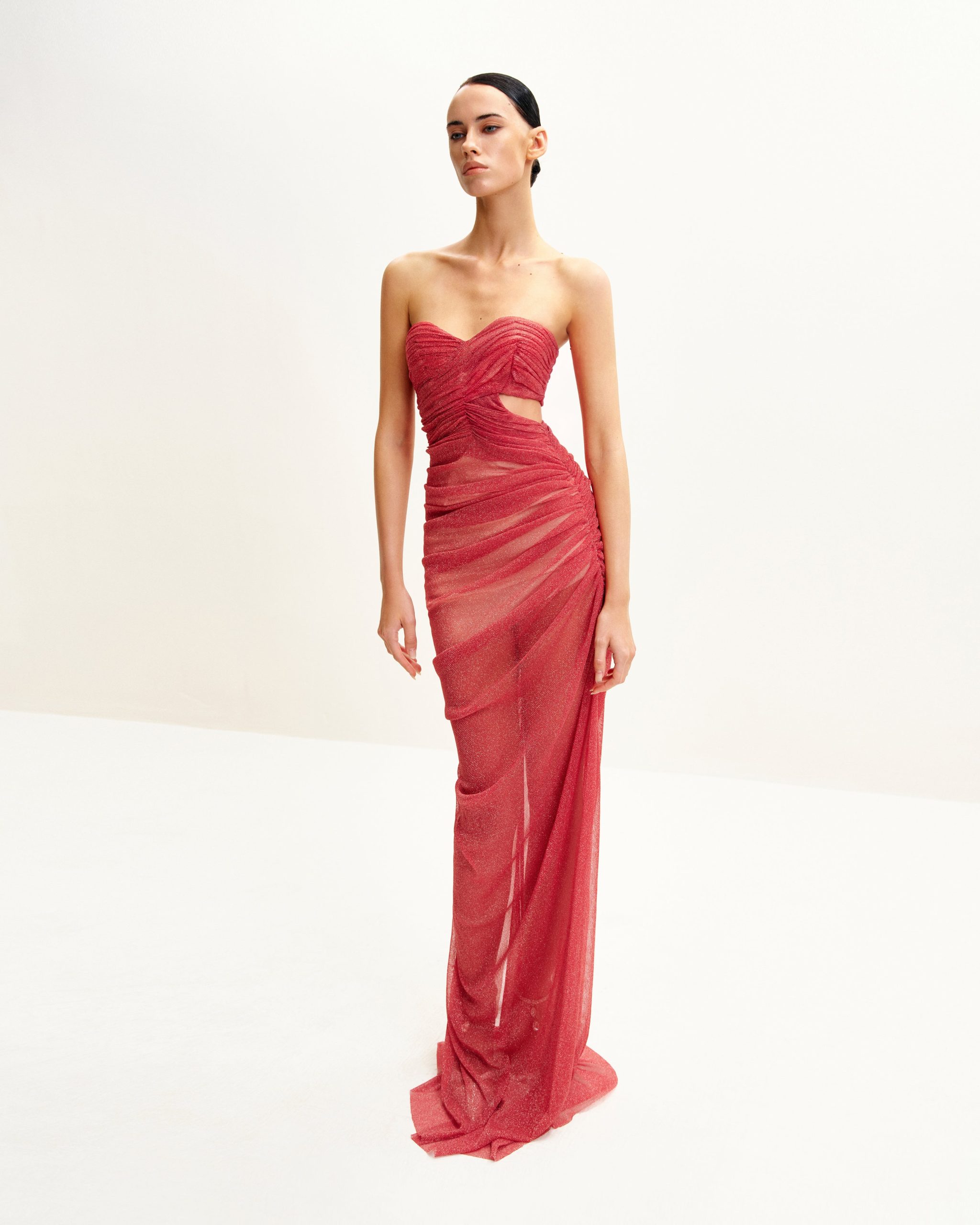 Mia Strapless Sheer Glitter Gown - Scarlet - Image 2