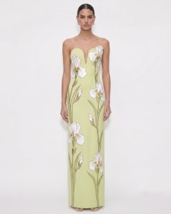 Iris EmbroideredNotch Neck Strapless Maxi Dress - Light Green