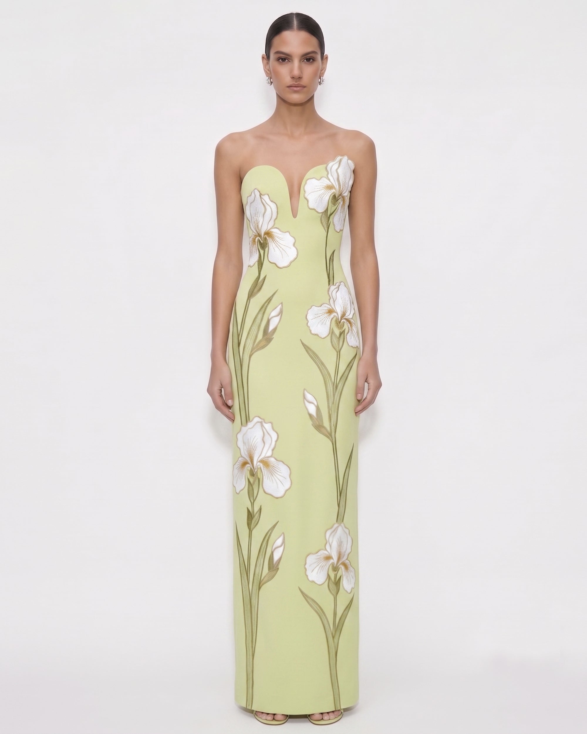 Iris EmbroideredNotch Neck Strapless Maxi Dress - Light Green