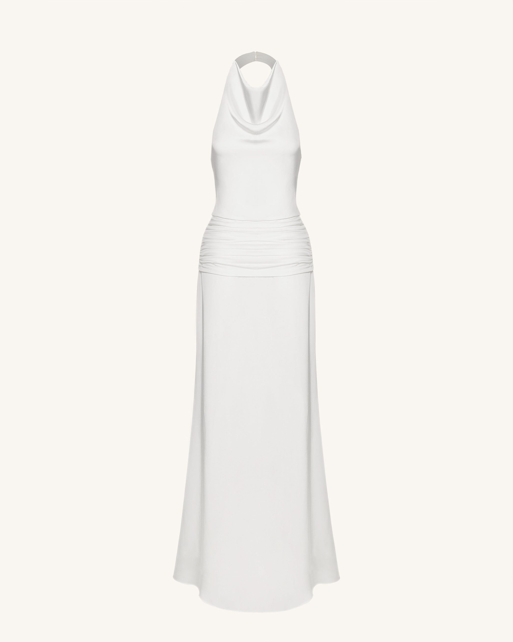 Satin Cowl Neck Ruched Maxi Gown - White - Image 4