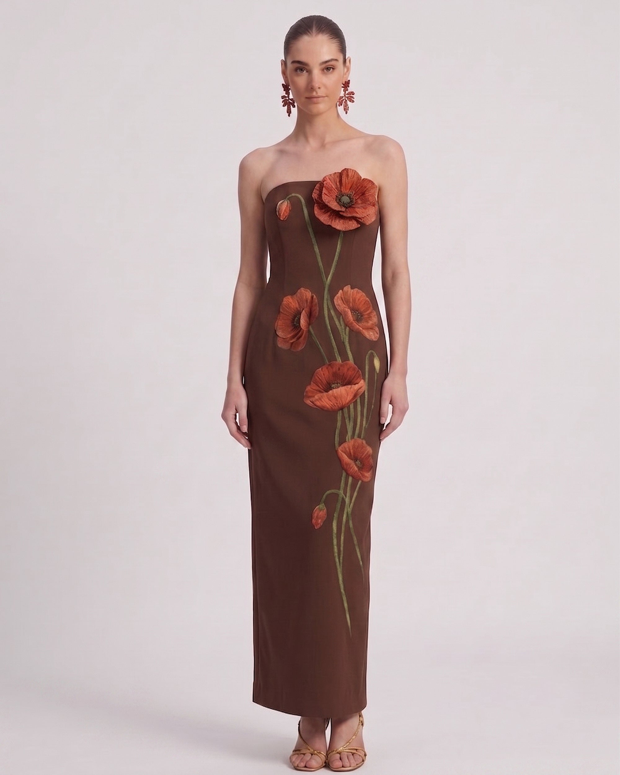 Corn Poppy Floral Strapless Column Maxi Dress - Chocolate Brown