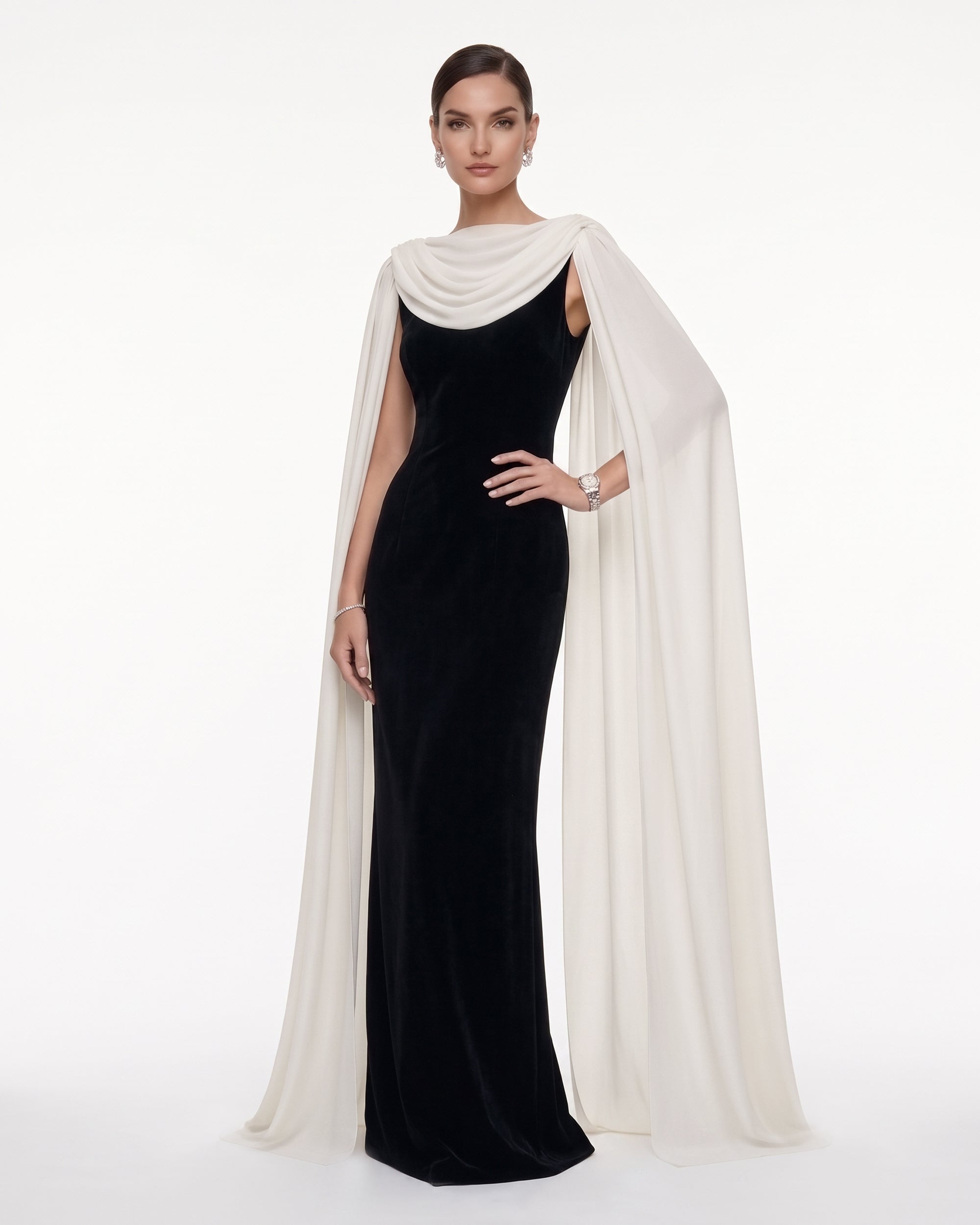 Cowl Neck Sheer Cape Maxi Gown - Black & White