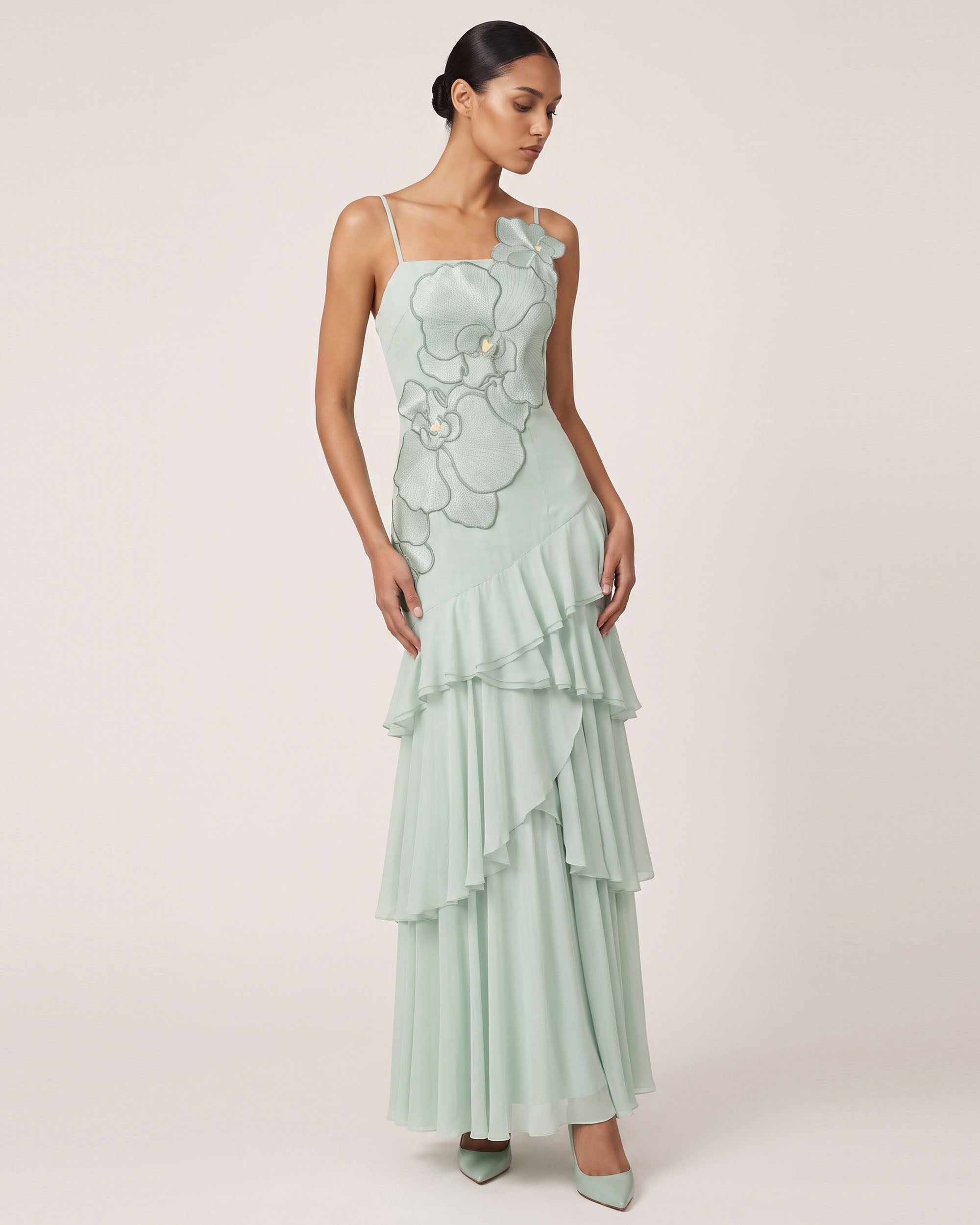 Orchid Embroidered Ruffled One-Shoulder Maxi Dress - Mint Green - Image 2