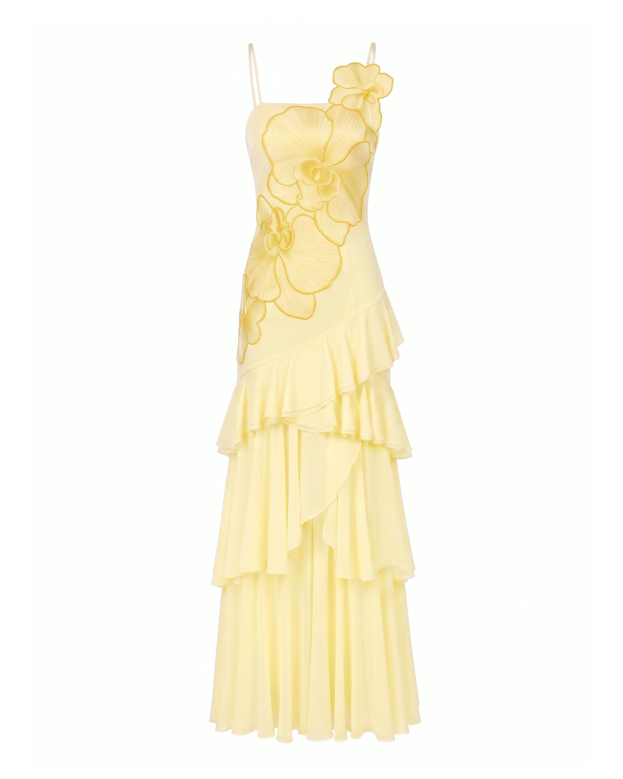Orchid Embroidered Ruffled One-Shoulder Maxi Dress - Pale Yellow - Image 2