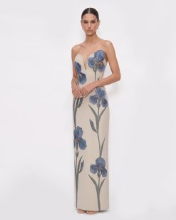 Iris Embroidered Notch Neck Strapless Maxi Dress - Light Beige