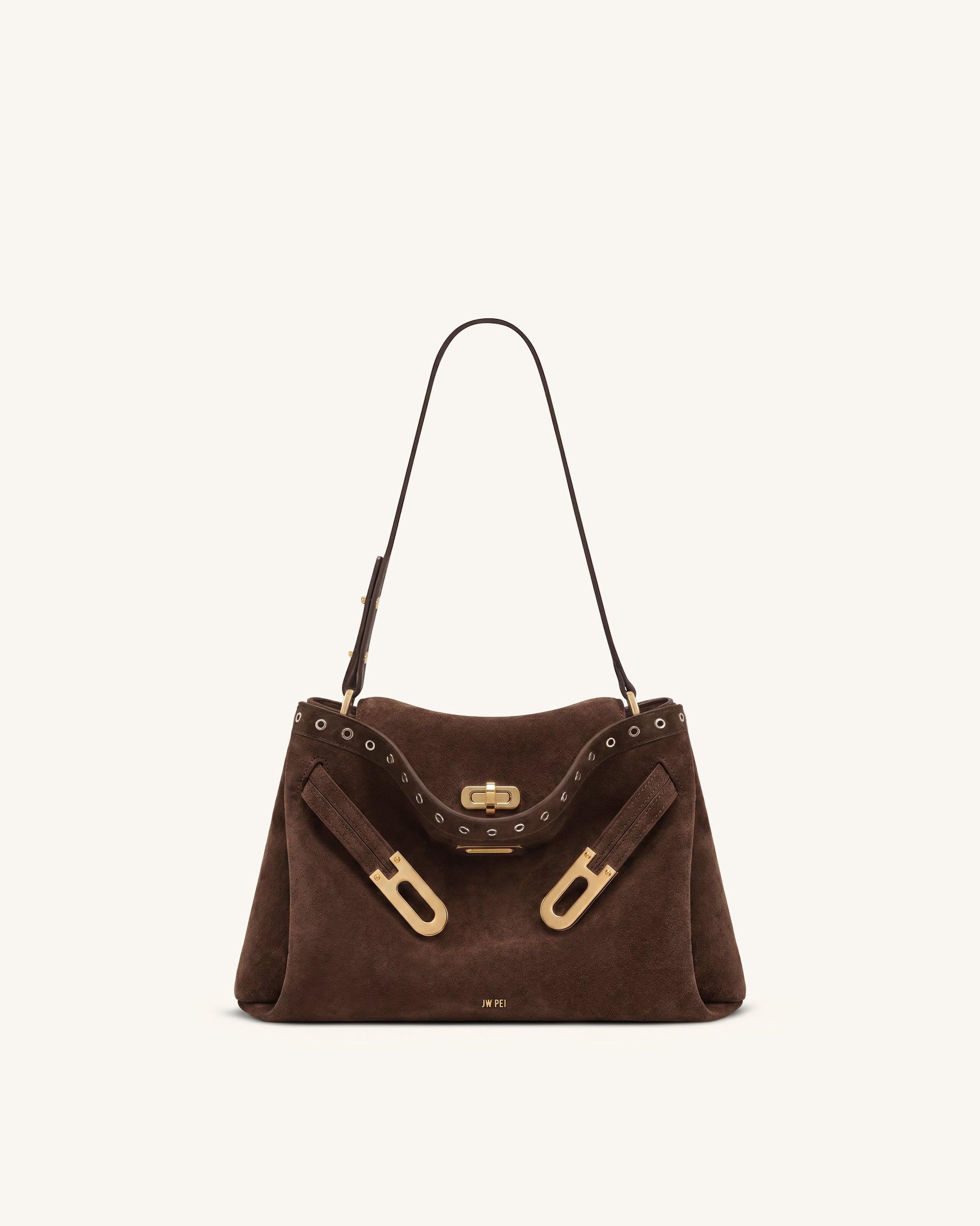 Rhea Faux Suede Double Buckle Shoulder Bag - Sandalwood Brown